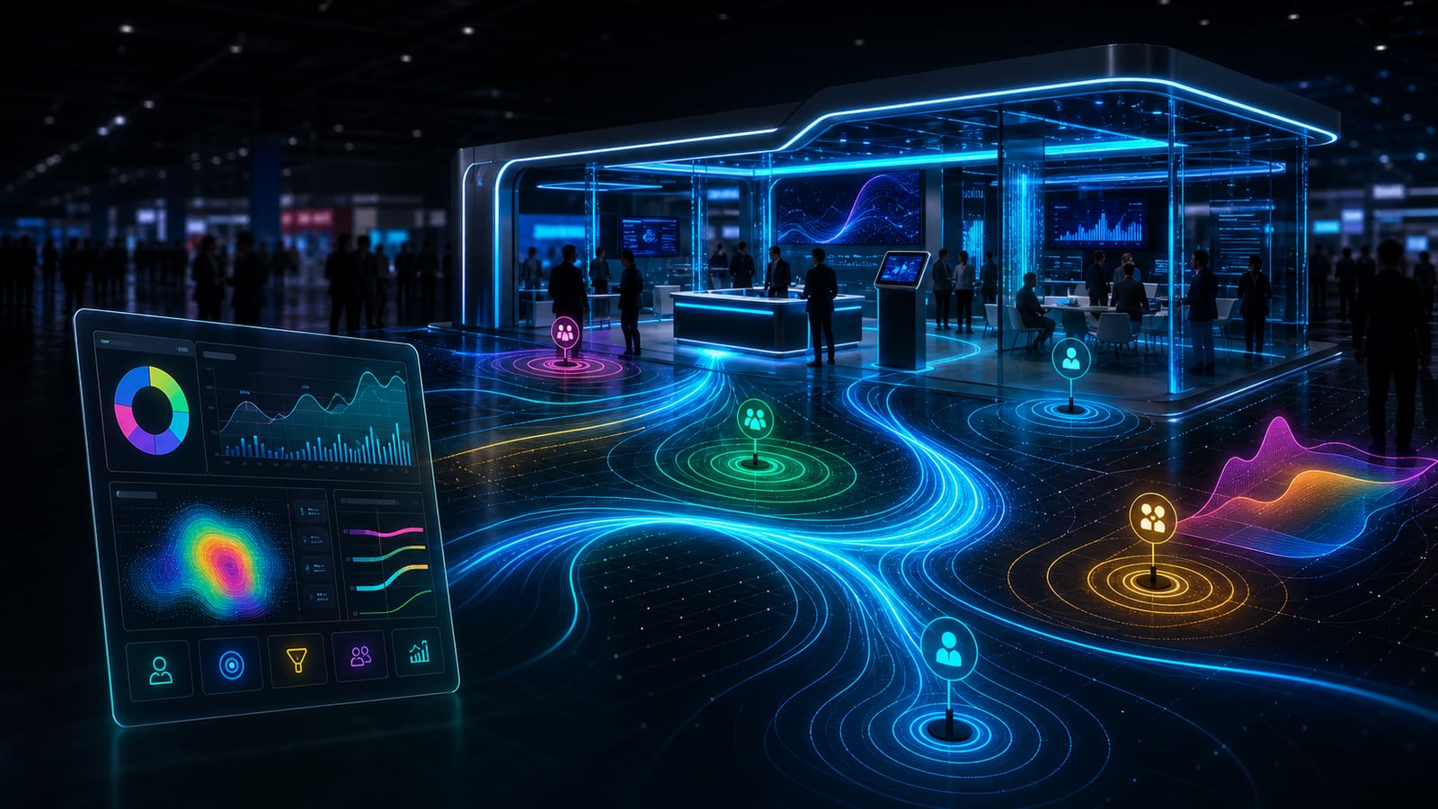 Aggregate attention analytics artwork showing movement flow, dwell zones, queue pressure, staff coverage, and zone engagement