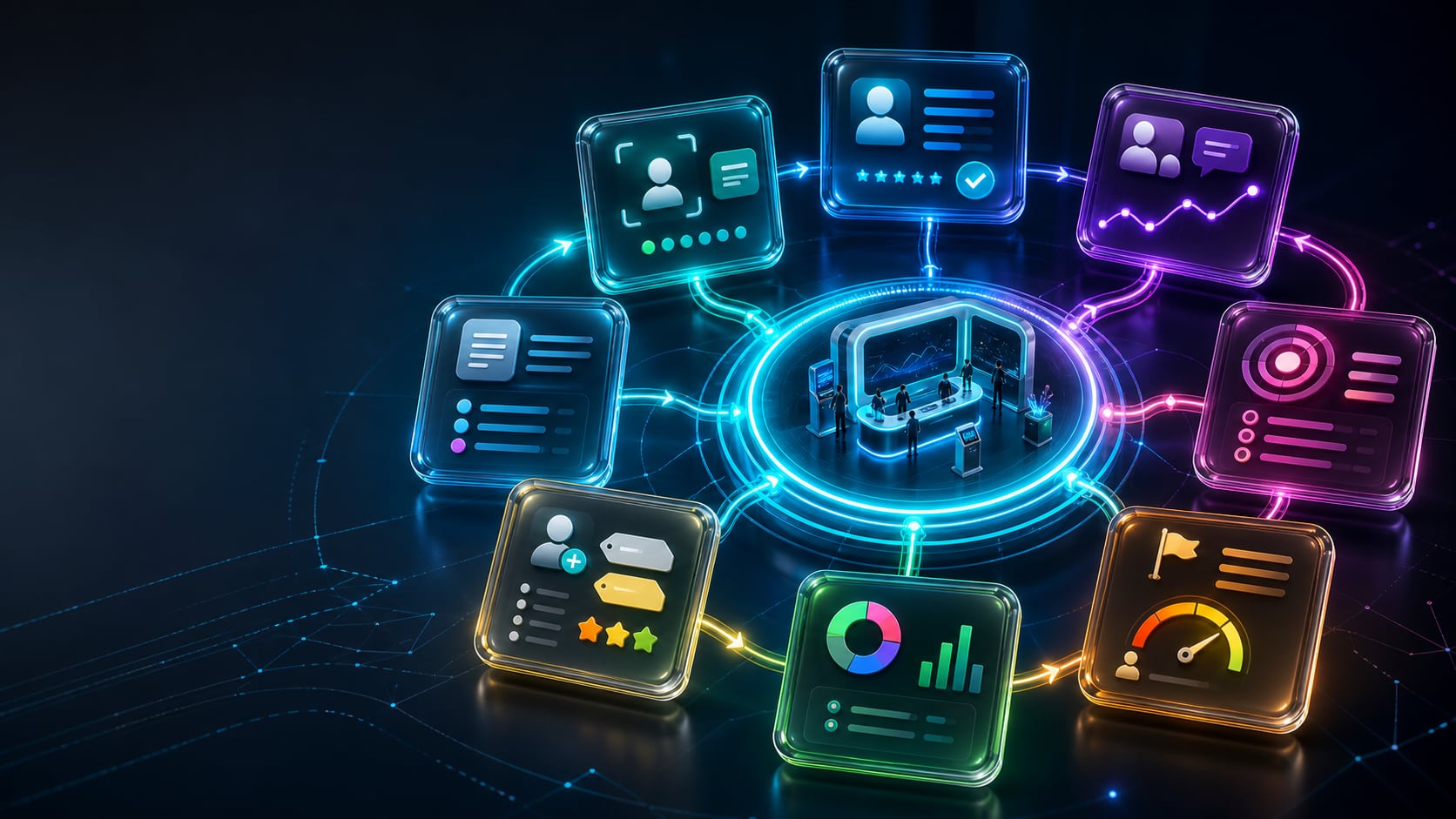 Eight-module Booth Intelligence OS journey from capture to handoff
